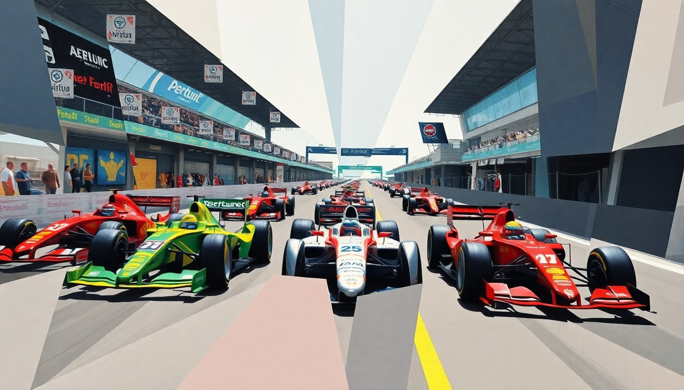 A cubist, geometric painting depicting the intensity and dynamism of a Formula 1 qualifying session, with abstract shapes and forms representing the cars and drivers.