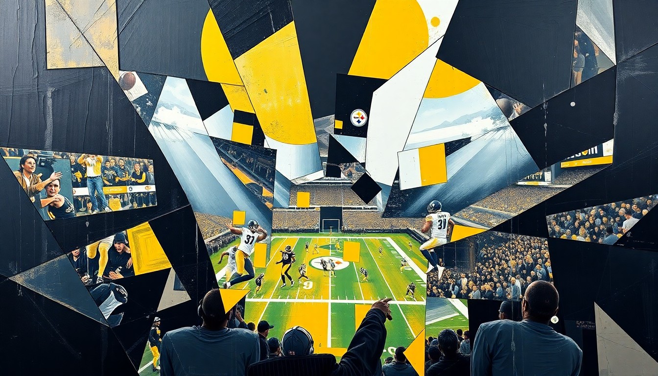 A fragmented, geometric painting depicting a football player in motion, with sharp, overlapping planes of black, gold, and white, capturing the dynamic energy and strategic decision-making of the NFL draft.