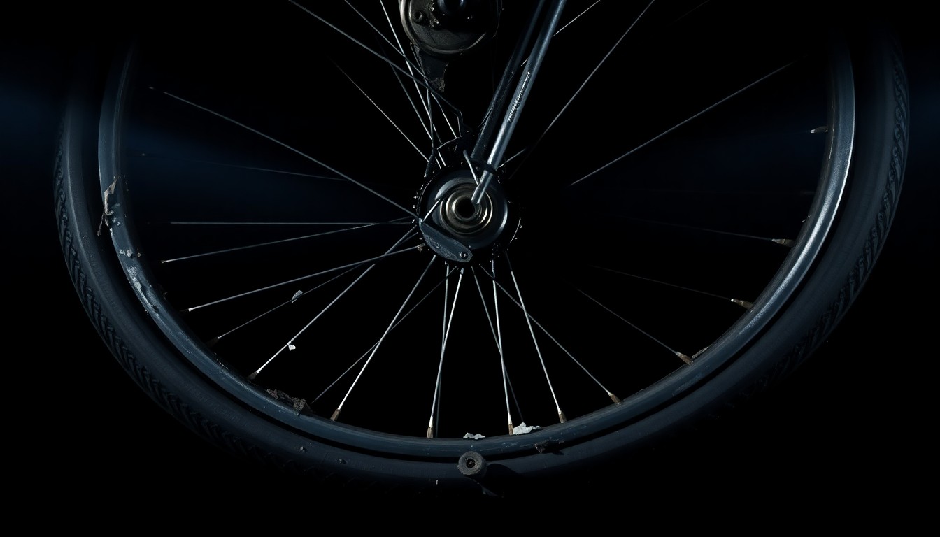 An extreme close-up photograph of a damaged bicycle wheel, the metal frame twisted and the tire deflated, conveying the aftermath of a serious collision in a stark, gritty manner.
