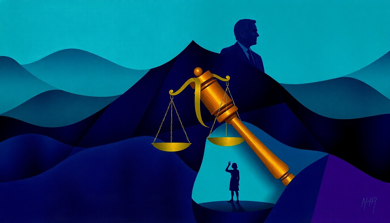 A dynamic, fragmented painting depicting abstract shapes and forms in shades of blue and violet, conveying a sense of chaos and complexity surrounding the Epstein case.