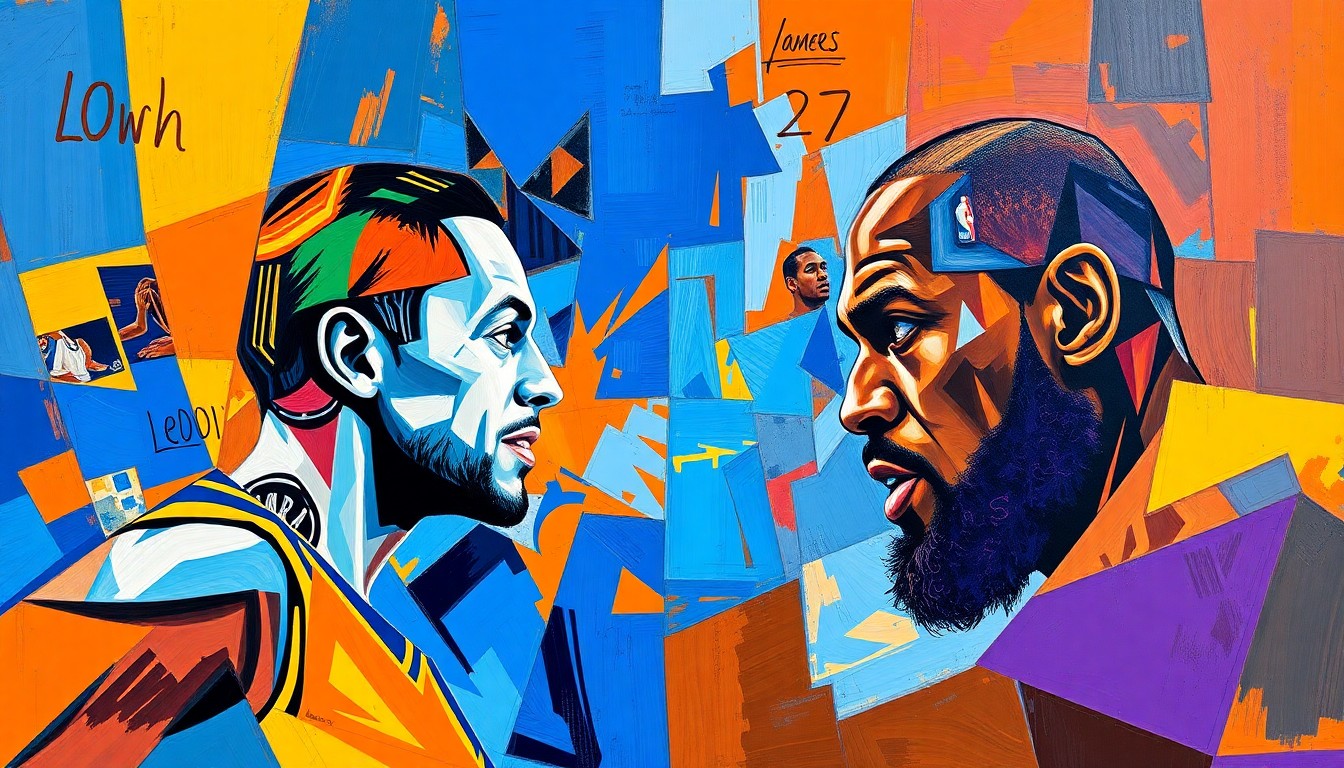 A cubist, geometric painting depicting the action and energy of a basketball game, with the players' forms fractured and abstracted into sharp, overlapping planes of color.