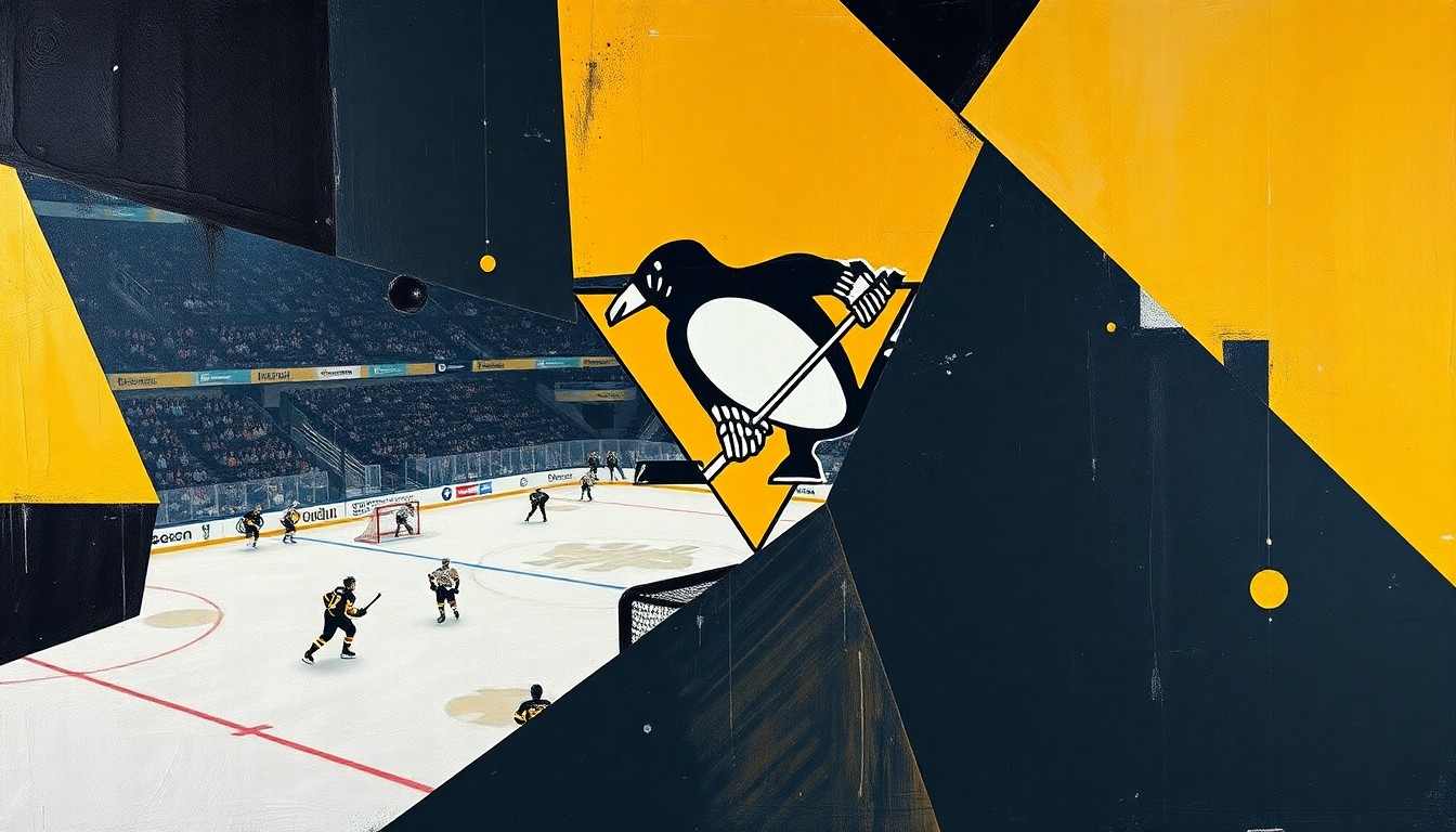 A cubist-style painting featuring overlapping geometric shapes and planes in shades of black, gold, and navy blue, capturing the dynamic motion and energy of a Penguins hockey game.