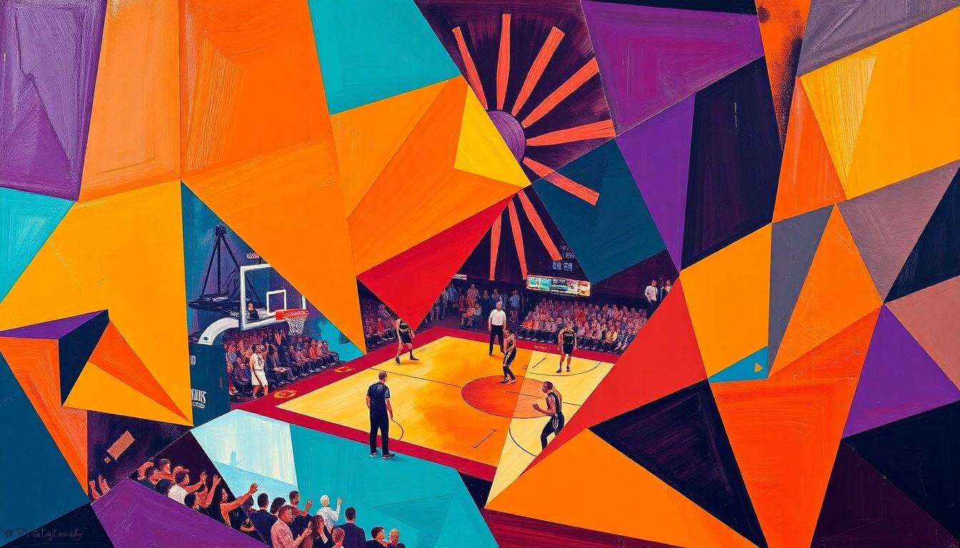 A fractured, multi-perspective painting in bold, vibrant colors depicting a Suns basketball game, with the players and court broken down into sharp, overlapping geometric planes, conceptually representing the team's precarious playoff position.