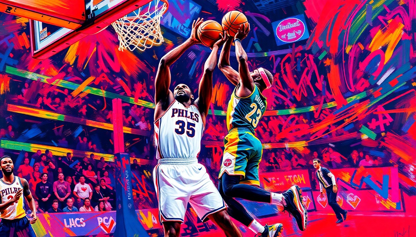An abstract, energetic painting featuring bold, neon-colored brushstrokes that capture the dynamic movements and scoring plays of a basketball game, conveying the intensity and excitement of the 76ers' win over the Pacers.