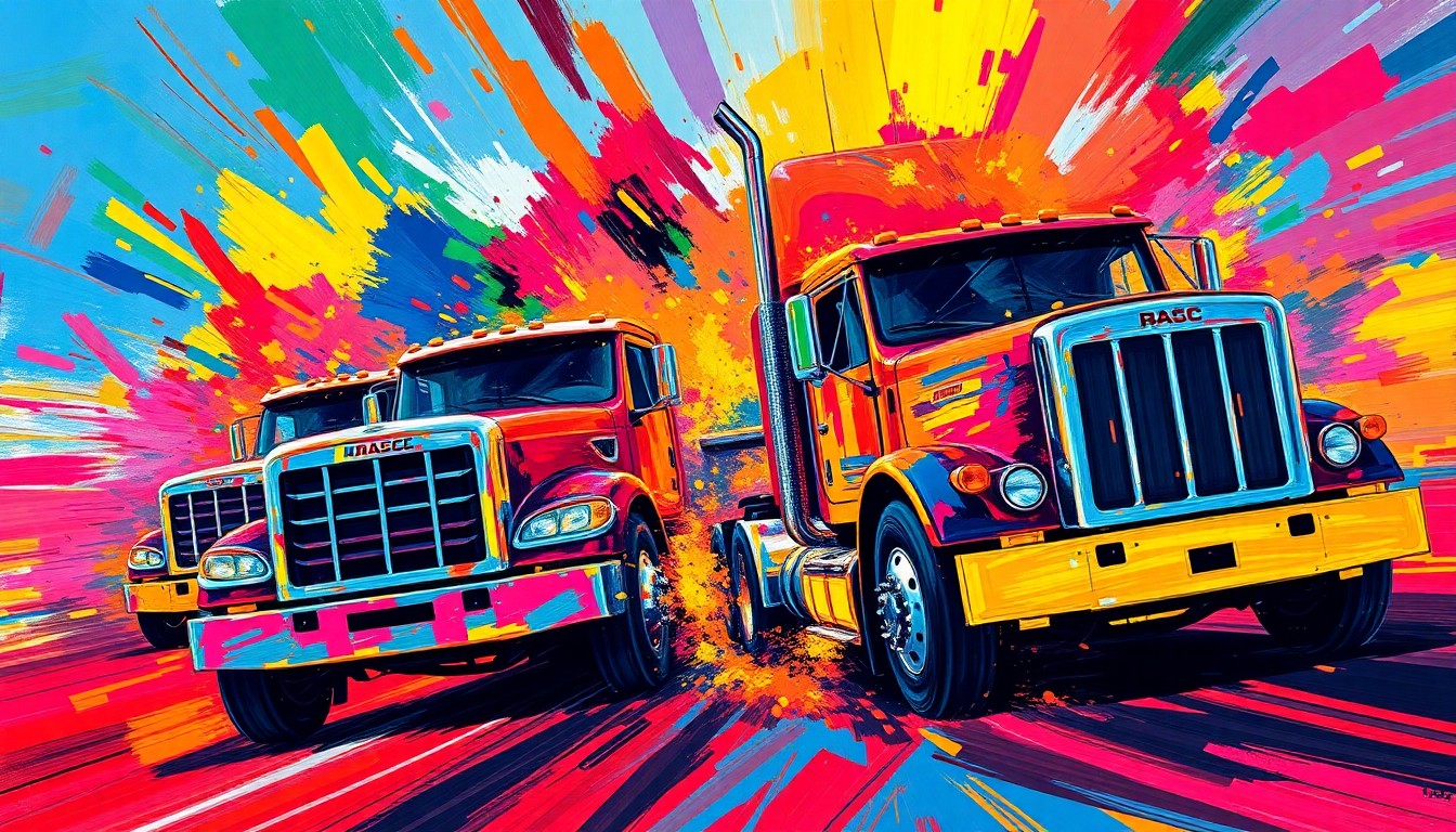 An abstract, expressionist painting featuring bold, neon-colored brushstrokes that capture the raw speed and movement of a NASCAR Truck Series race, with the individual trucks blending together into a blur of color and energy.