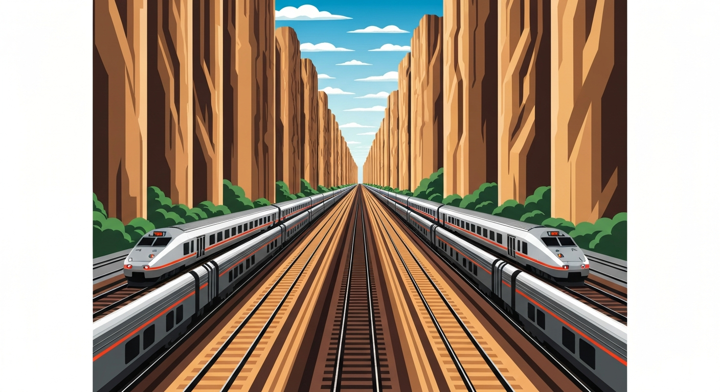 A highly stylized, geometric illustration depicting the sleek, streamlined forms of trains and infrastructure against a backdrop of towering, forced perspectives of the Front Range landscape, capturing the grand scale and sweeping vision of the Colorado Connector passenger rail project.
