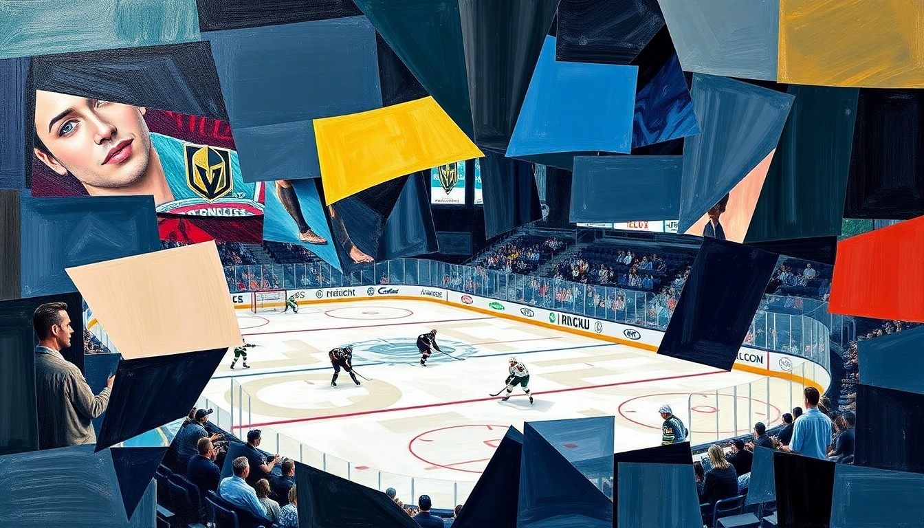A cubist-style painting depicting a hockey game, with players and the puck represented as fragmented, geometric shapes in a dynamic, multi-perspective composition.