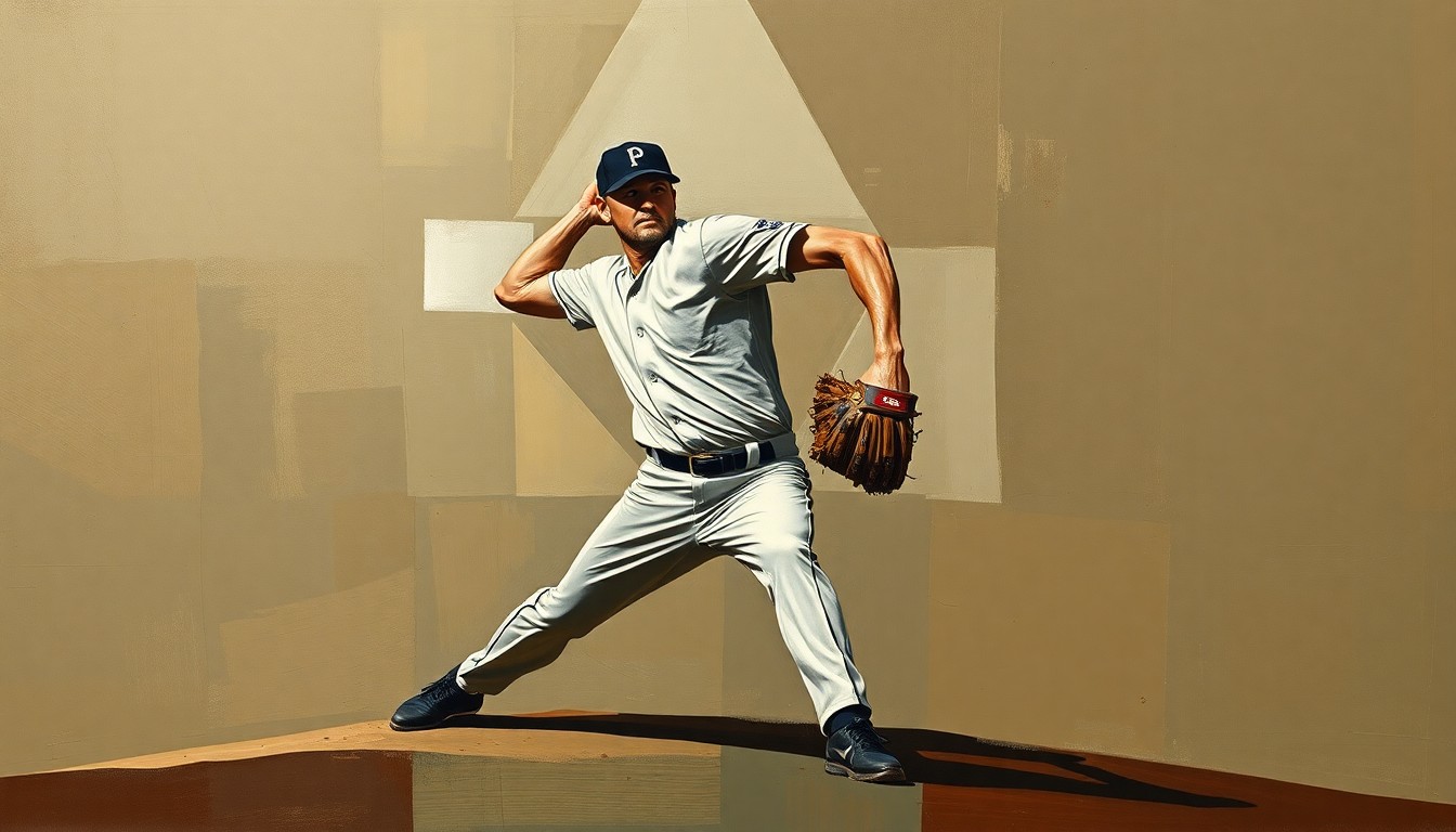 A fragmented, multi-perspective painting in muted earth tones, breaking down the pitching motion of a baseball player into sharp, overlapping geometric shapes and planes, conveying the challenges faced by the struggling White Sox pitcher.