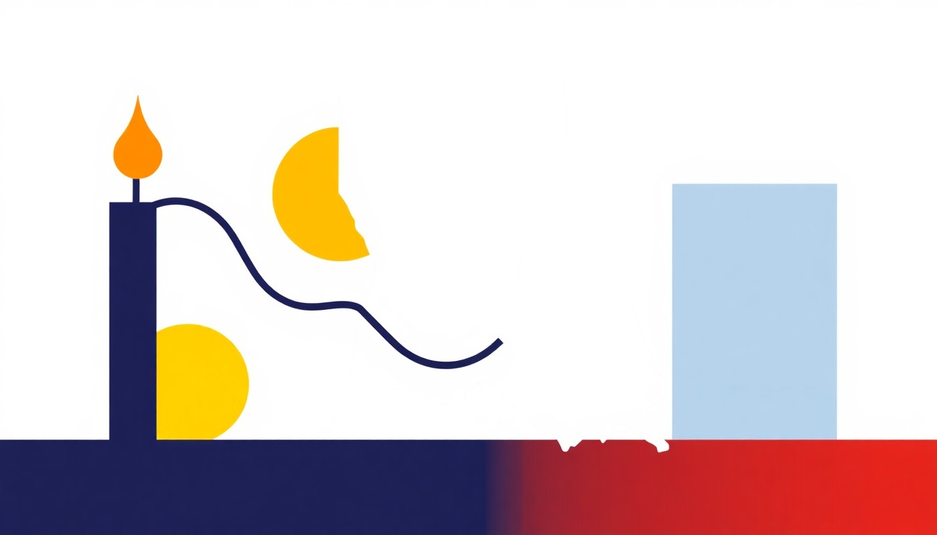 An abstract illustration using bold geometric shapes in primary colors to conceptually represent the economic impact of fluctuating natural gas prices on Louisiana families.
