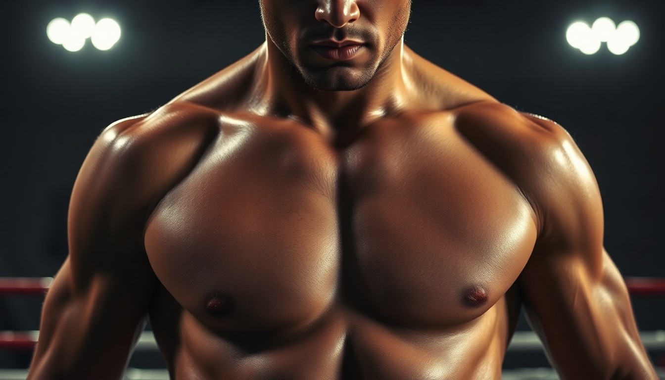 An extreme close-up photograph of Joshua Jackson's shirtless, muscular torso in a boxing gym, with dramatic, high-contrast lighting highlighting the textures of his skin, sweat, and boxing wraps, conceptually representing the actor's dedication to the sport.