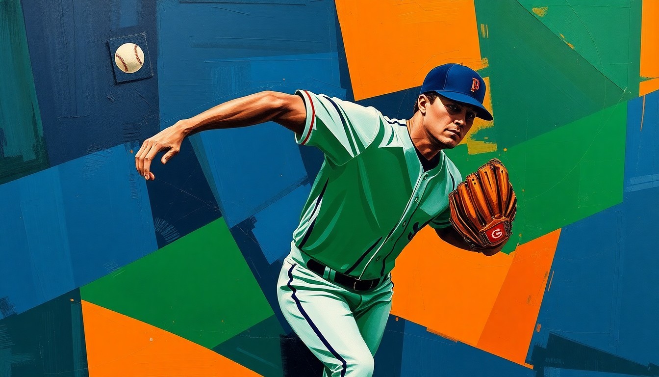 A cubist-style painting depicting a baseball pitcher's throwing motion broken down into overlapping geometric shapes in navy, green, and orange, conveying the complex challenges of spring training.