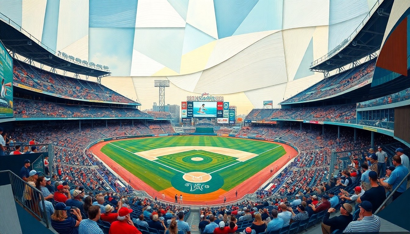 A cubist-style painting depicting a Marlins baseball game broken down into overlapping geometric shapes and planes, conveying the team's need for strategic flexibility in the face of injuries and roster challenges.