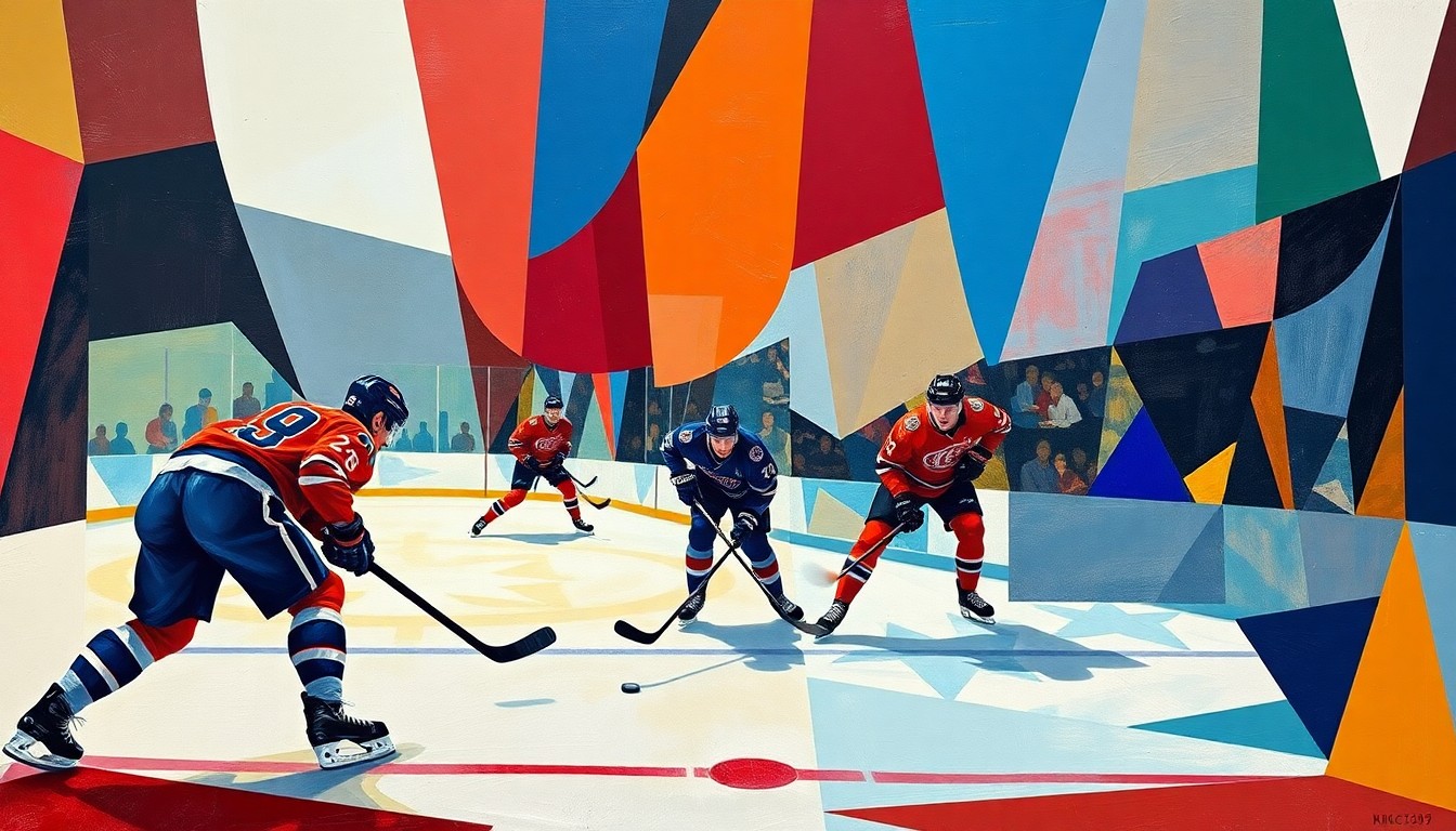 A fractured, multi-perspective painting depicting a hockey game, with the players and puck represented as dynamic, angular shapes in the vibrant colors of the teams' uniforms. The composition is broken down into sharp, overlapping geometric planes, capturing the chaotic energy and unpredictability of the sport.