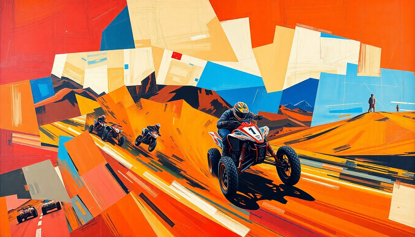 A fractured, multi-perspective painting depicting an off-road race scene, with sharp geometric planes in vibrant colors of red, orange, and blue, capturing the raw energy and thrill of the sport that Greg Biffle championed.