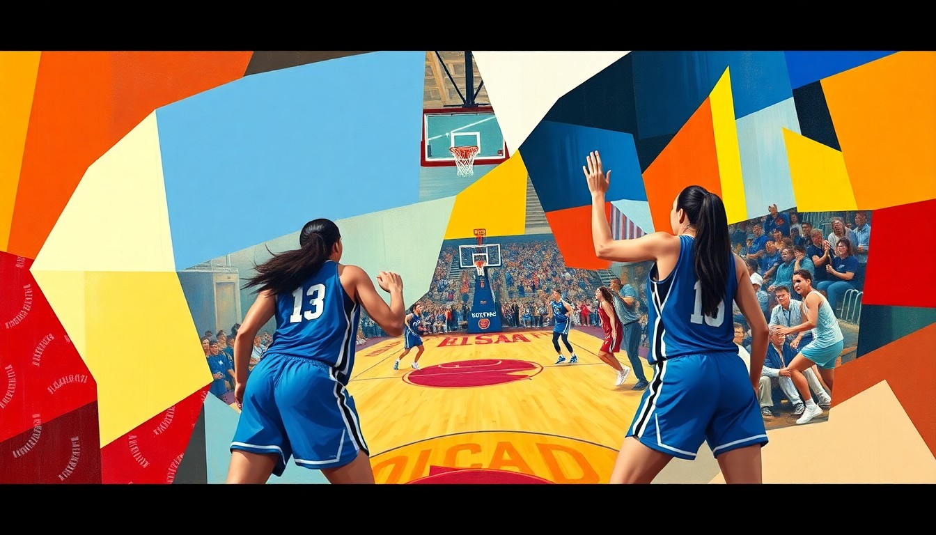 A cubist, geometric painting depicting a fragmented, multi-perspective view of a women's basketball game, with sharp, overlapping planes of color representing the official team uniforms mentioned in the story.