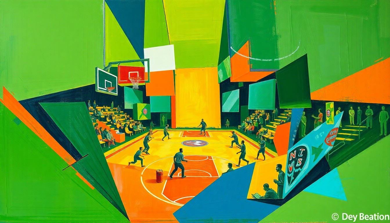 A cubist, geometric painting depicting a fragmented basketball game, with sharp, overlapping planes of vibrant green, orange, and blue colors, conceptually representing the Celtics' strategic preparations for Jayson Tatum's return.