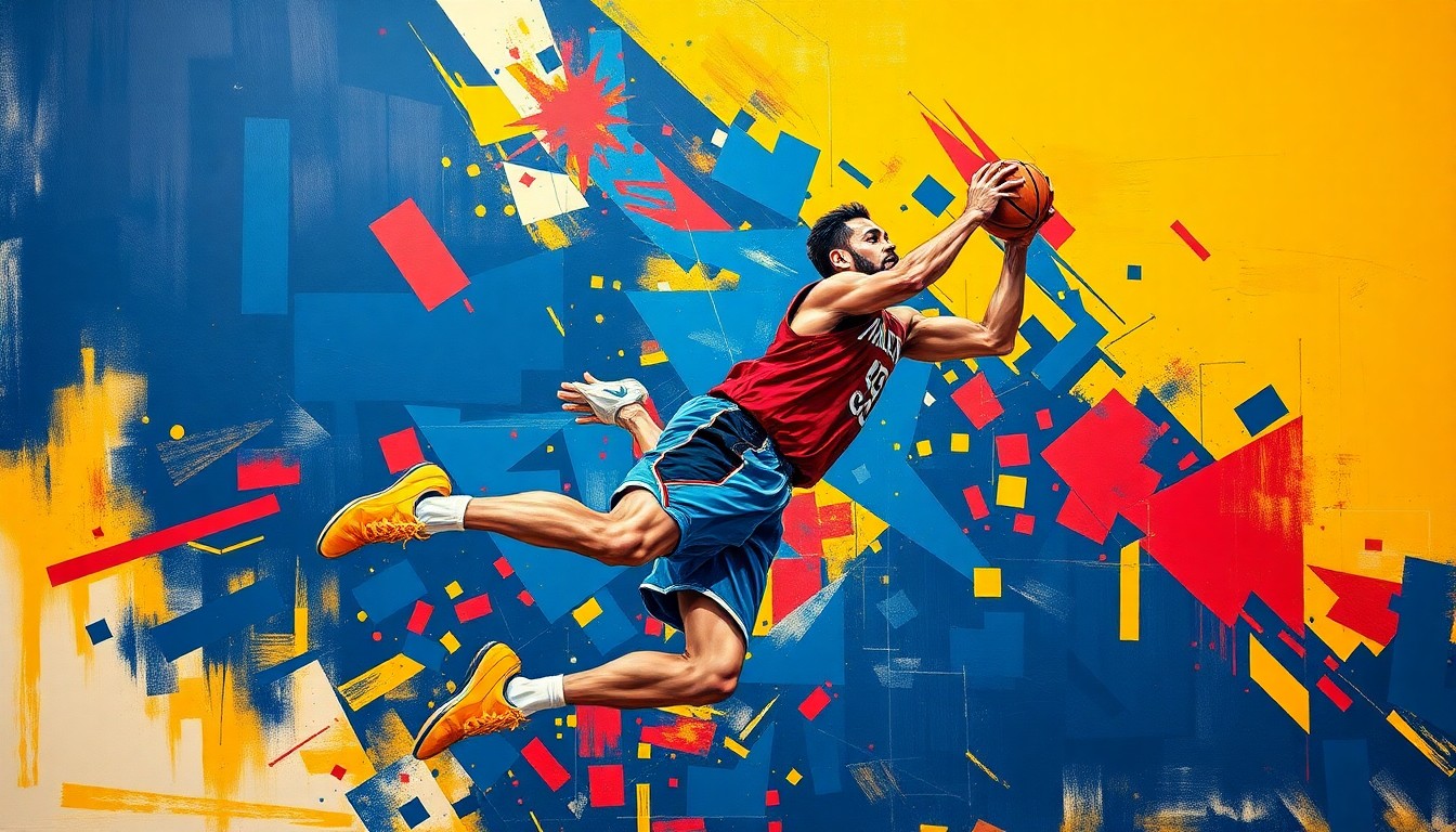 A cubist, geometric painting depicting the explosive movements of a basketball player, with sharp planes of navy, crimson, and gold colors capturing the energy and athleticism of the game.