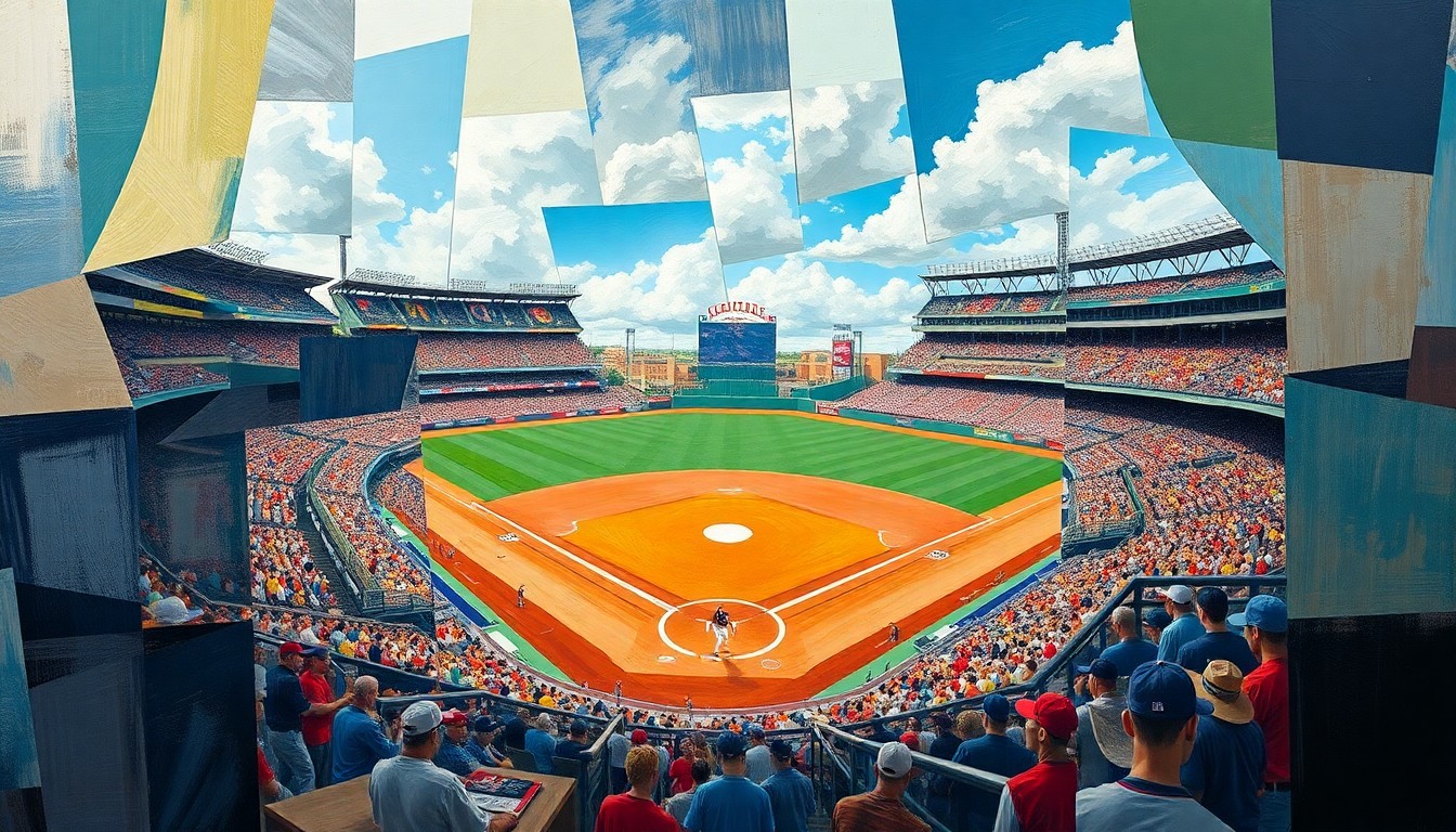 A fragmented, abstract painting depicting a college baseball game broken down into sharp, angular geometric shapes and planes, conveying the multifaceted challenges of maintaining team rhythm and cohesion.