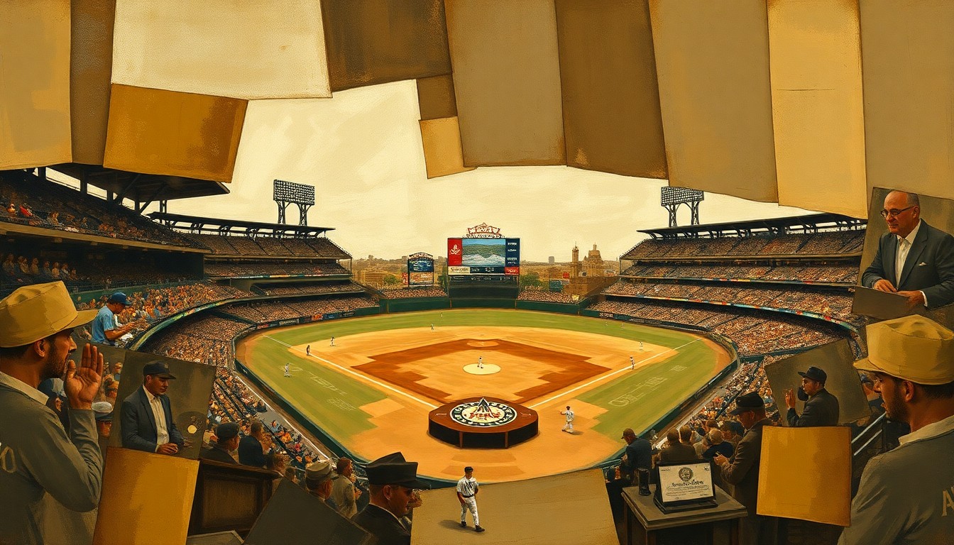 A fractured, multi-perspective painting in muted earth tones, breaking down a baseball game or match into sharp, overlapping geometric planes, conceptually representing the nuanced challenges facing the San Diego Padres' offense.