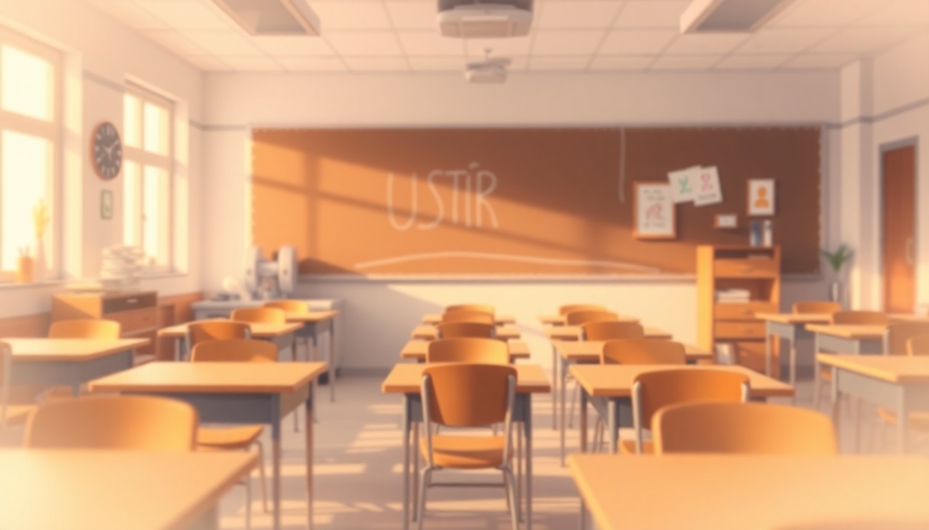 An abstract, out-of-focus scene of a classroom with desks and chairs, conveying a sense of contemplation and the emotional impact of budget challenges on the education system.