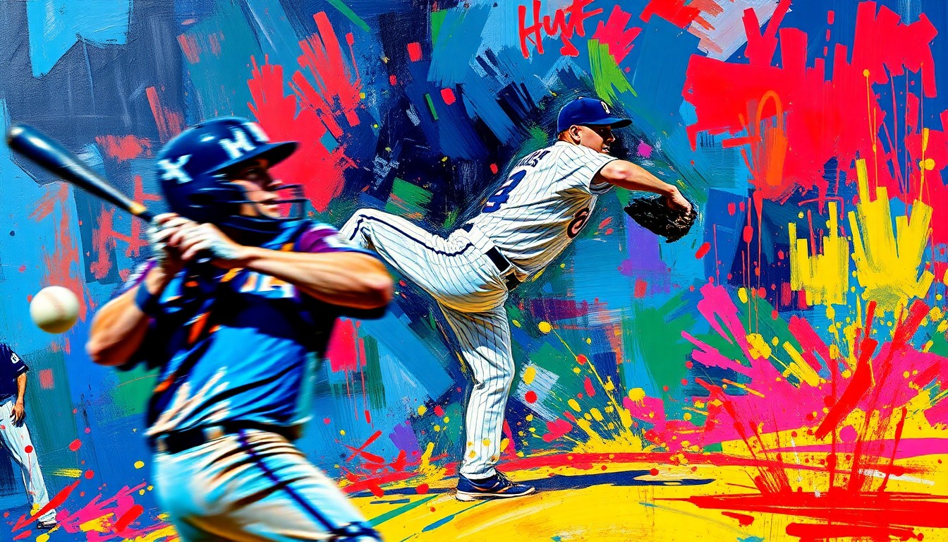 An extreme close-up of a pitcher's arm in mid-motion, with a blurred batter and catcher in the foreground, all rendered in a vibrant, expressionist style using rapid brushstrokes and neon colors to convey the raw athleticism and excitement of a high-stakes baseball game.