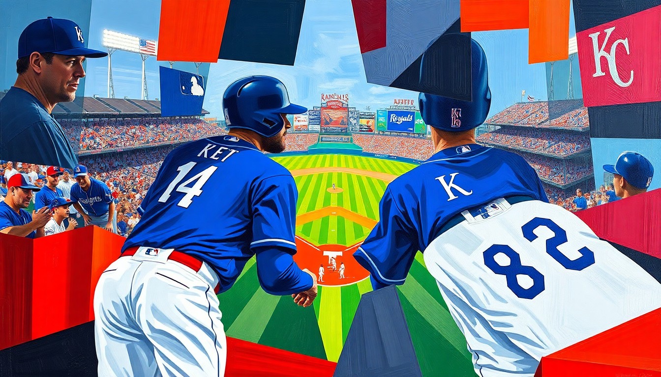 A fragmented, cubist-style painting depicting a baseball game, with the players and field broken down into sharp, overlapping geometric shapes in the Royals' team colors of blue and red, conveying the multifaceted challenges of retaining a professional sports franchise.