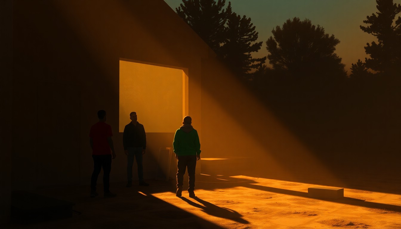 A cinematic painting of a Habitat for Humanity construction site in Spokane, with a group of volunteers working on the home under warm, diagonal sunlight and deep shadows, capturing the sense of purpose and community in the scene.