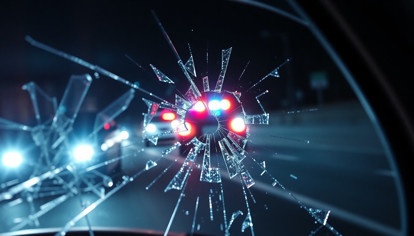 An extreme close-up photograph of a shattered car window reflecting the flashing lights of a police vehicle, conceptually illustrating the tragic end of a police pursuit.