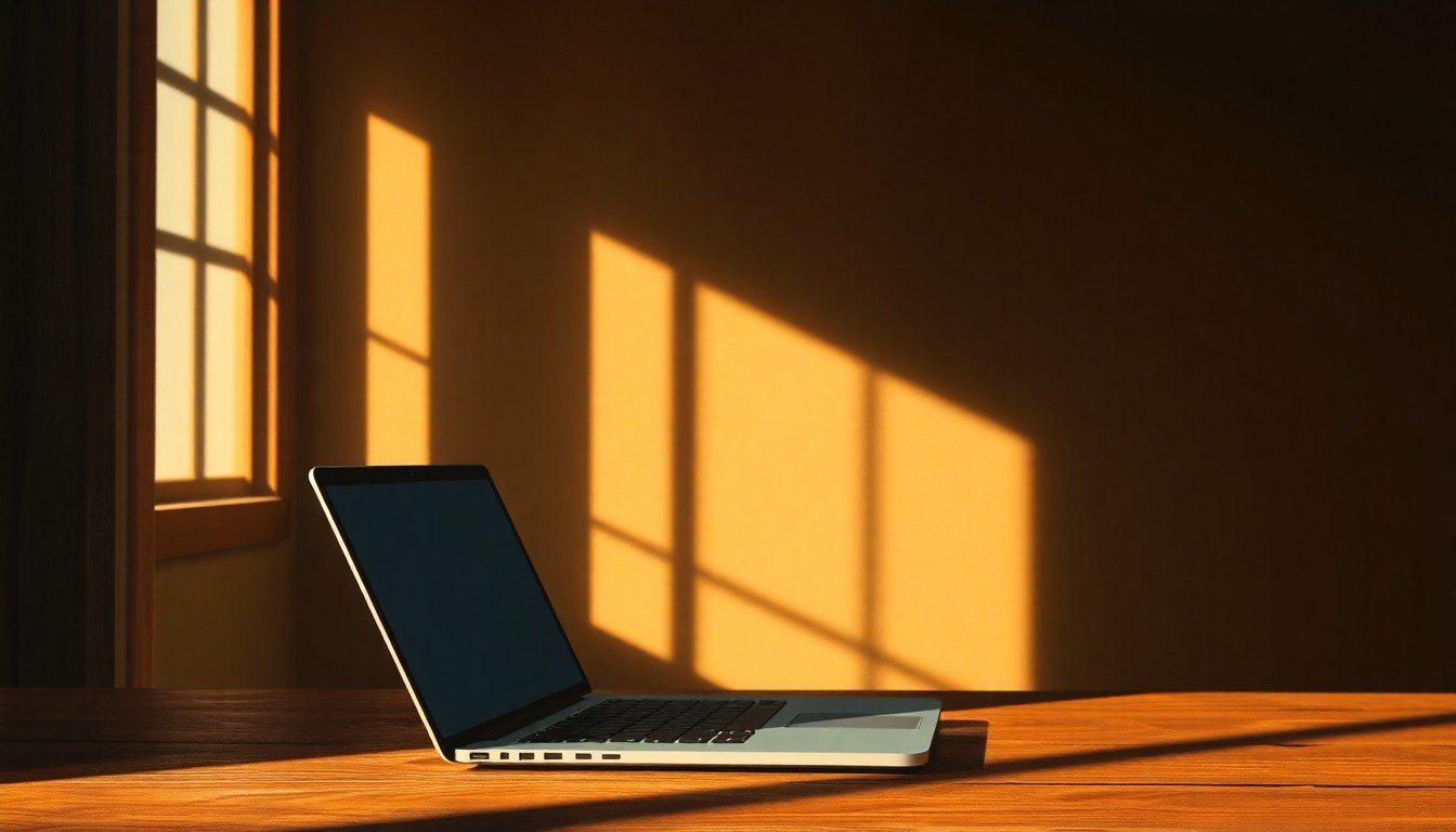 A warm, cinematic painting of a solitary laptop computer on a wooden table, with diagonal sunlight and deep shadows, conceptually representing the legal battle over online misinformation.