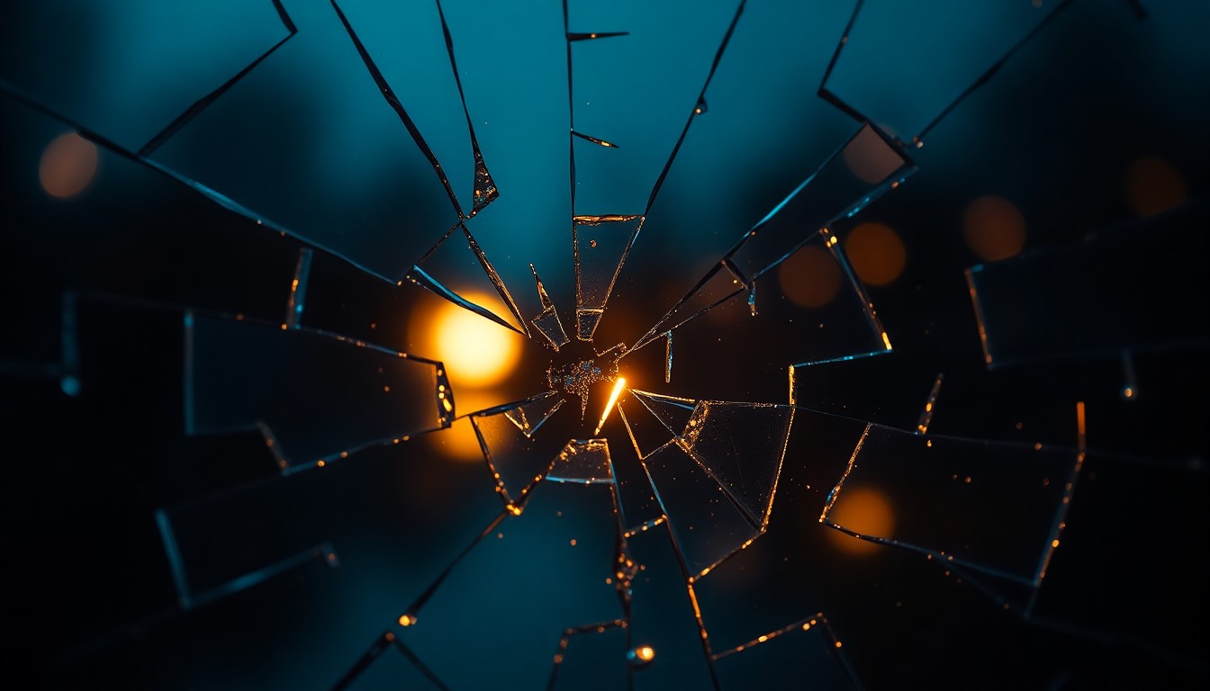 An abstract close-up photograph of a shattered mirror reflecting a soft, glowing light, conveying the fragility and emotional weight of public grief.