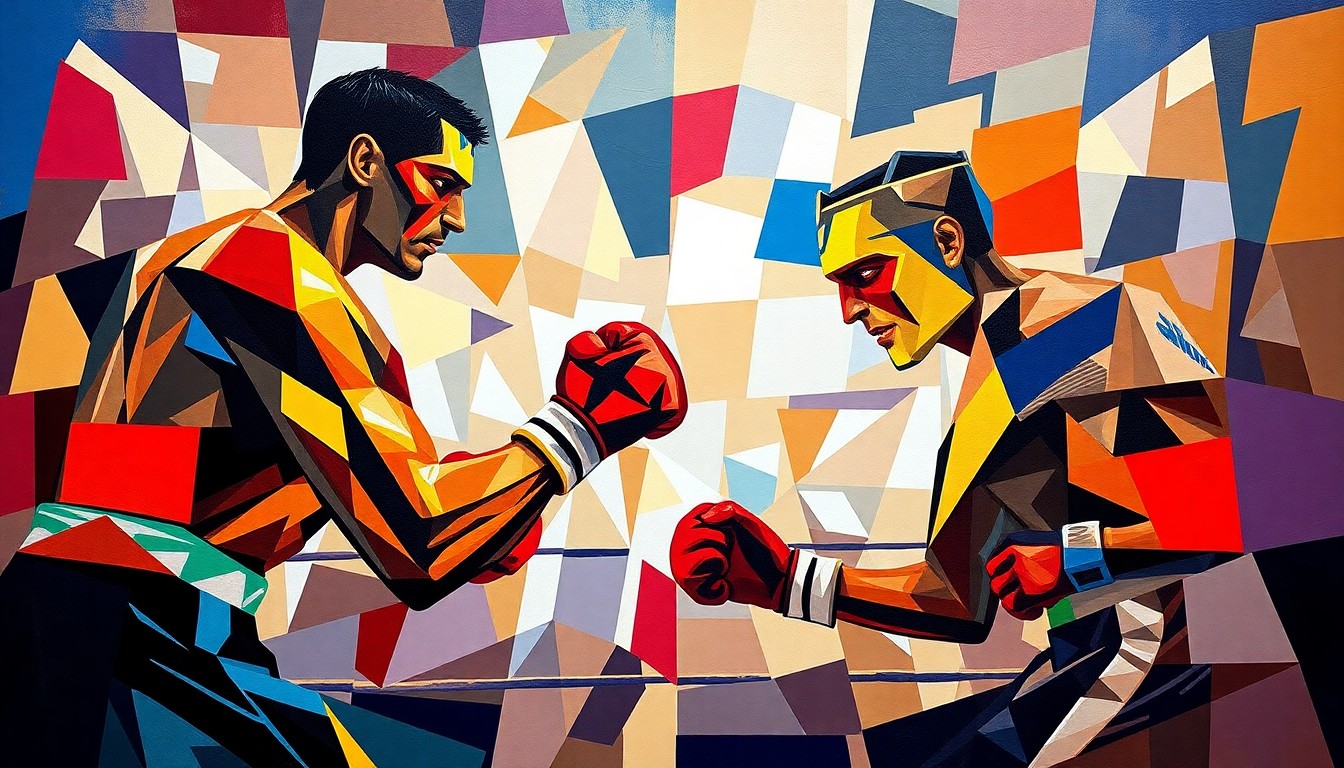 A cubist, geometric painting depicting a boxing match or training session, with sharp, overlapping planes of color representing the emotional complexity and fragmentation of the story's subject matter.