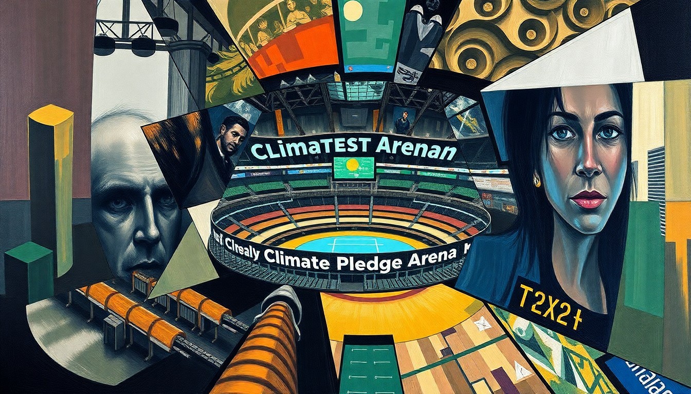 A cubist, geometric painting depicting the Seattle Kraken's acquisition of Climate Pledge Arena, with overlapping shapes and planes representing the team's consolidation of power and the broader implications for the local sports and entertainment landscape.