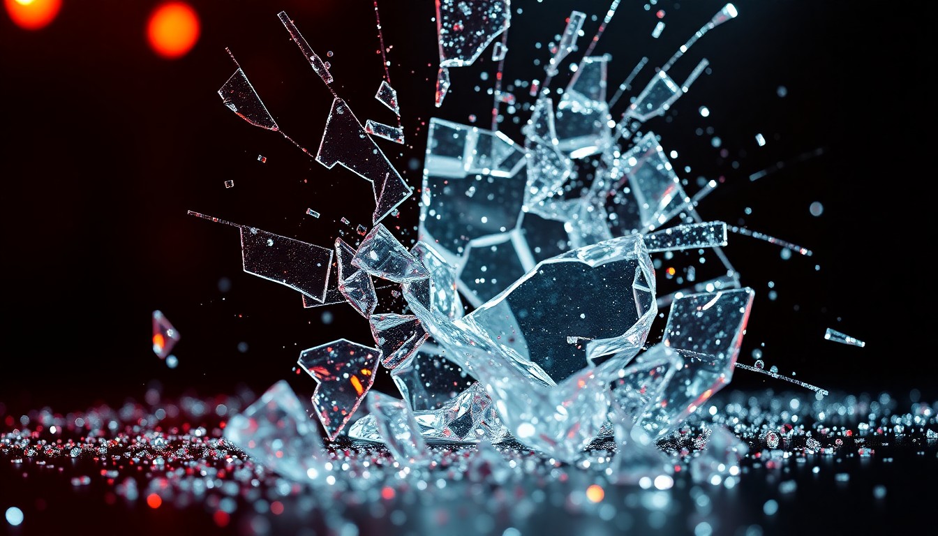 An abstract close-up image of shattered glass and glittering sequins, captured in dramatic high-contrast studio lighting to conceptually represent the pressures and personal battles faced by Hollywood celebrities.