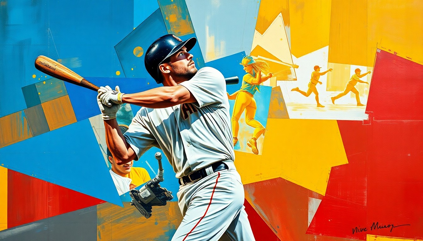 A fractured, geometric painting depicting a baseball player's motion, with sharp, overlapping planes of color representing the complex challenges of the sport.