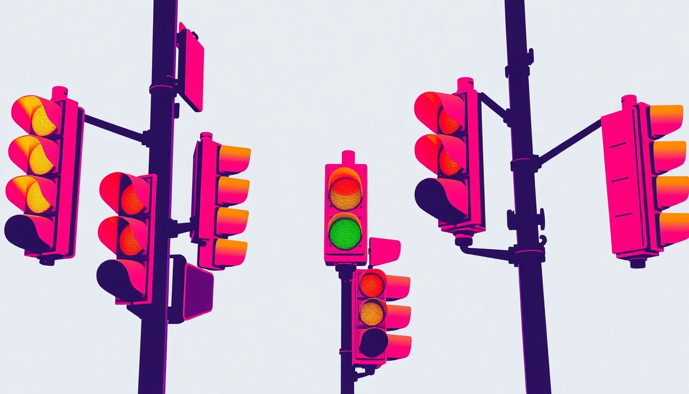 A bold, colorful silkscreen grid of a stylized downtown street sign or traffic light, capturing the vibrant and modernized aesthetic of Nampa's infrastructure upgrades.