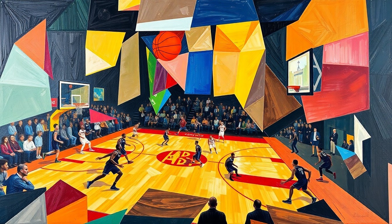 A cubist-style painting depicting a basketball game, with the players and court broken down into sharp, overlapping geometric shapes and planes in a vibrant color palette, conveying the raw athleticism and strategic depth of the matchup.