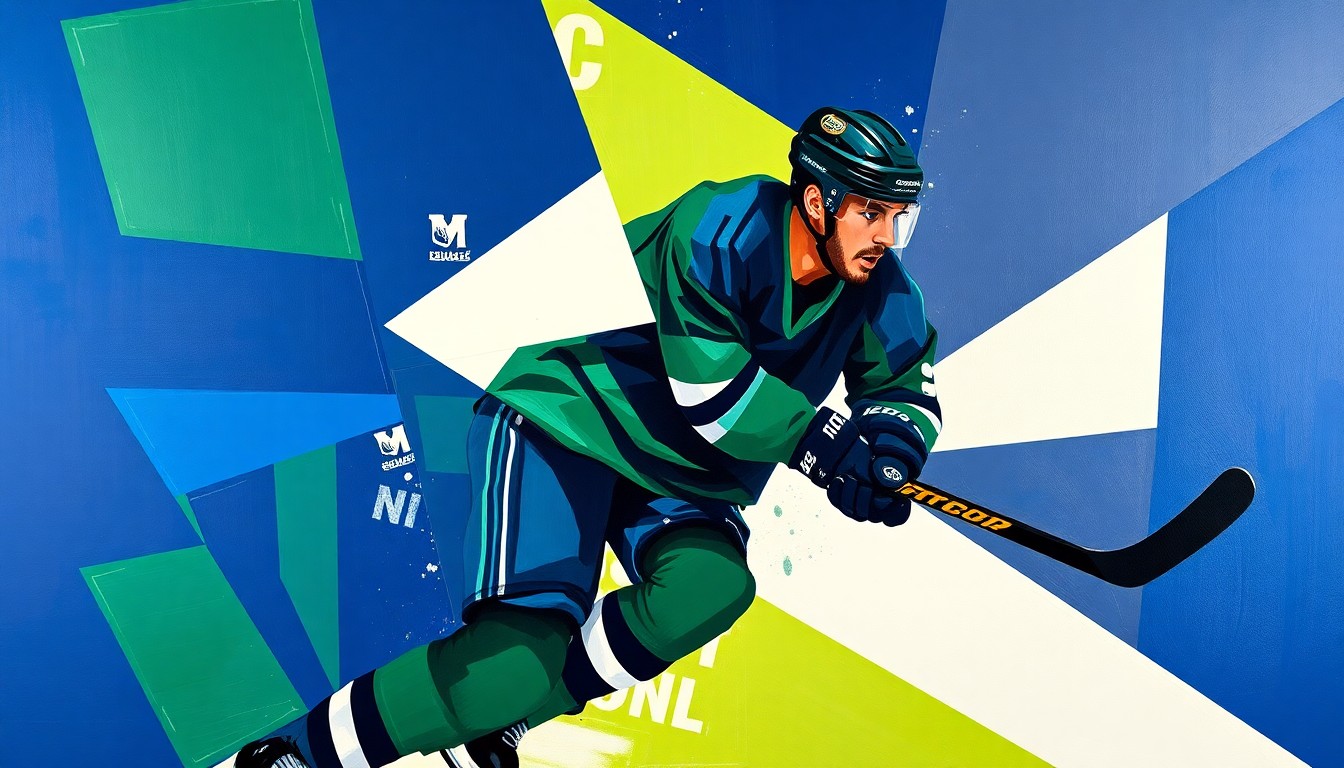 A cubist, geometric painting depicting a hockey defenseman in action, with sharp, overlapping planes of color representing the player's movement and energy on the ice.