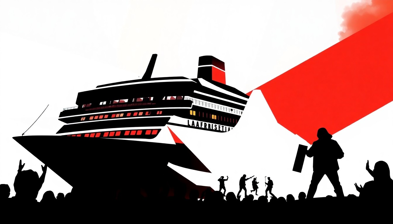 An abstract, minimalist illustration featuring jagged, geometric shapes in bold red and black, conceptually representing a heavy metal music festival on a cruise ship.