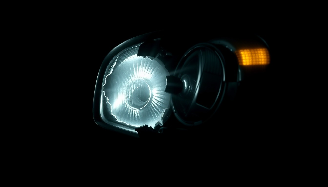 An extreme close-up photograph of a damaged side mirror or broken headlight, capturing the gritty details and harsh lighting to convey the serious nature of the hit-and-run incident.