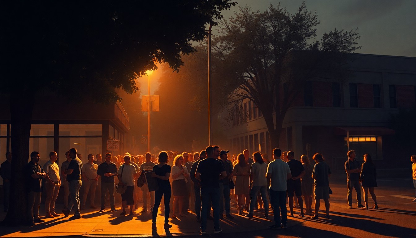 A cinematic painting depicting a group of protesters gathered on a street corner in Charlottesville, with warm sunlight and deep shadows creating a contemplative, nostalgic mood.