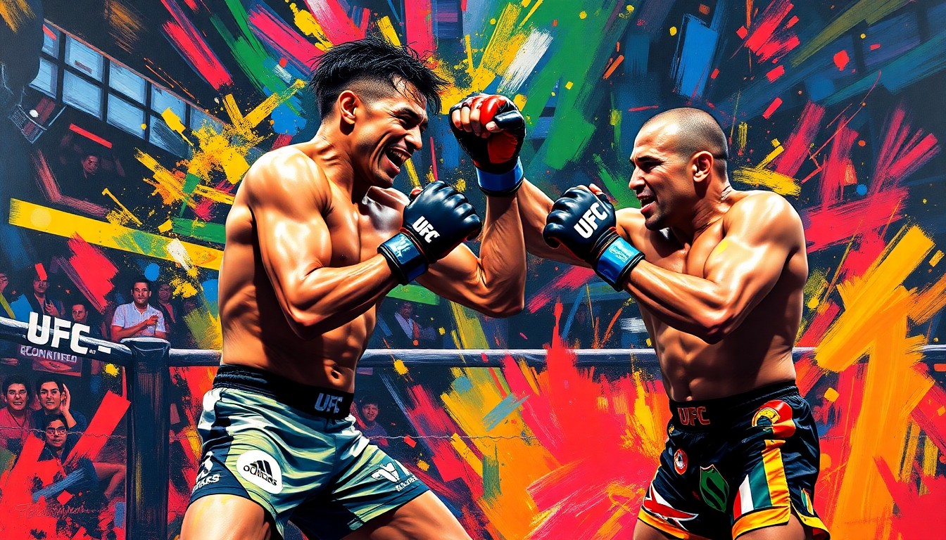 A dynamic, colorful painting featuring the blurred, overlapping figures of two mixed martial artists engaged in a fierce battle, capturing the intensity and athleticism of the sport.