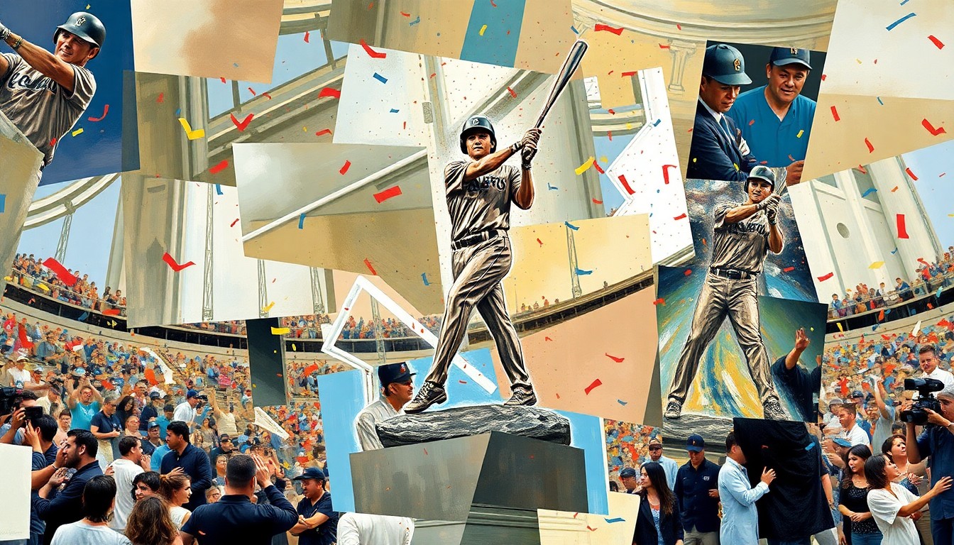 A cubist, geometric painting depicting the fractured, multi-angled view of Ichiro Suzuki's statue unveiling ceremony, with the bronze bat broken and confetti bursting around the iconic batting stance.