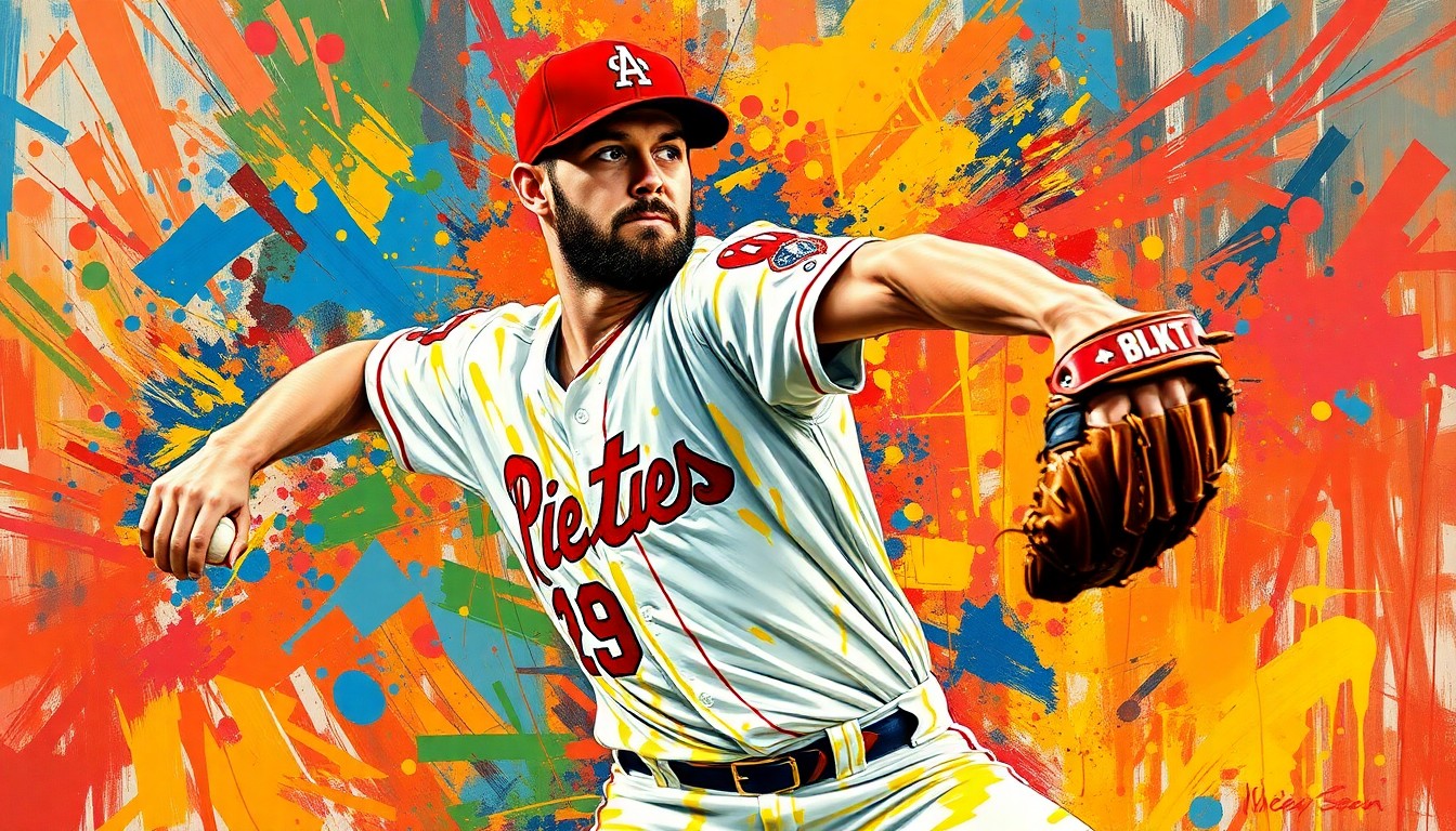 An abstract, expressionist painting depicting the intense, kinetic motion of a baseball pitcher in the midst of delivering a pitch, with vibrant neon colors and loose, energetic brushstrokes capturing the raw athleticism of the moment.
