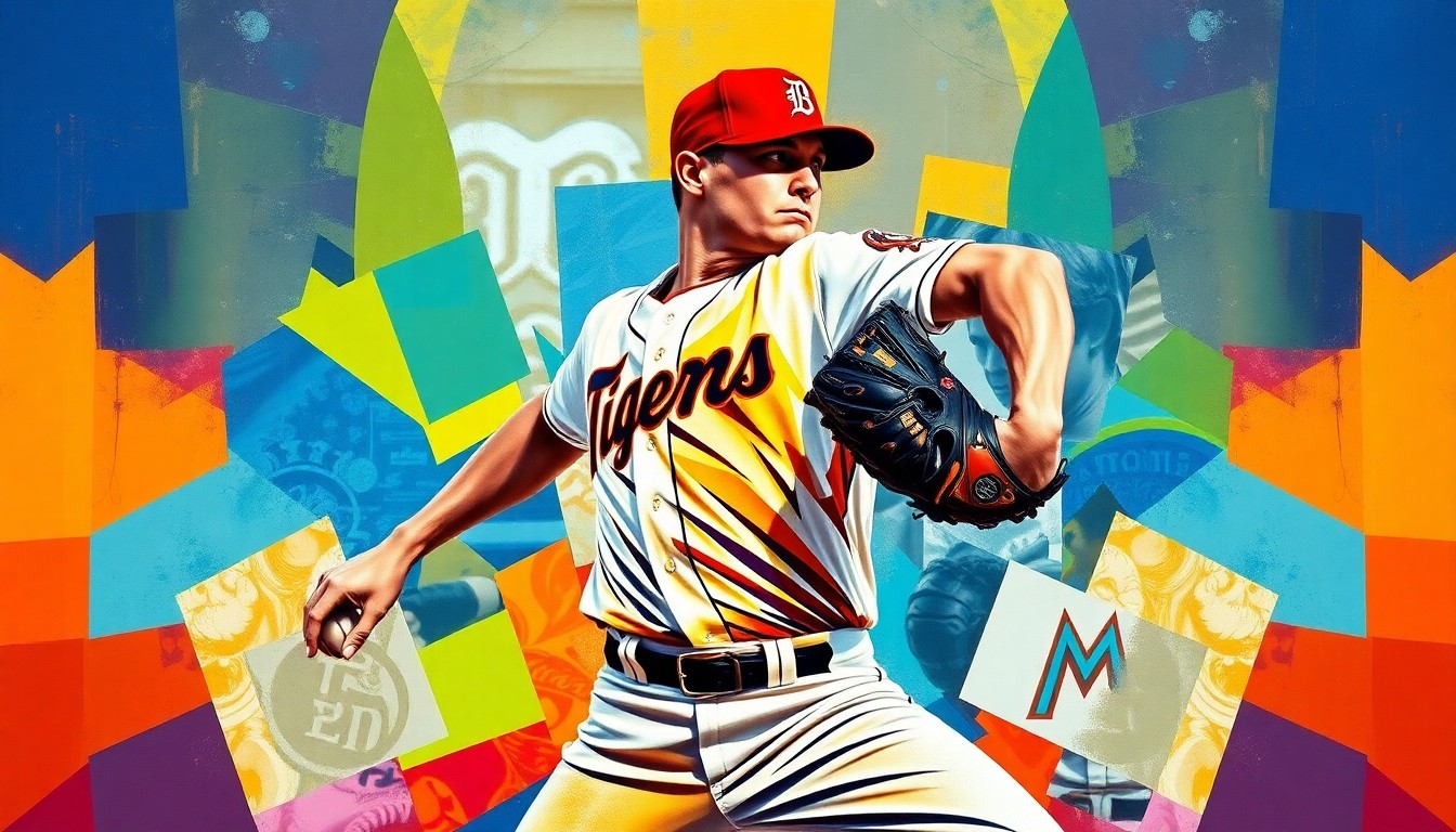 A cubist, geometric painting depicting the motion of a baseball pitcher's throwing motion, with vibrant colors representing the uniforms of the Detroit Tigers and Miami Marlins.