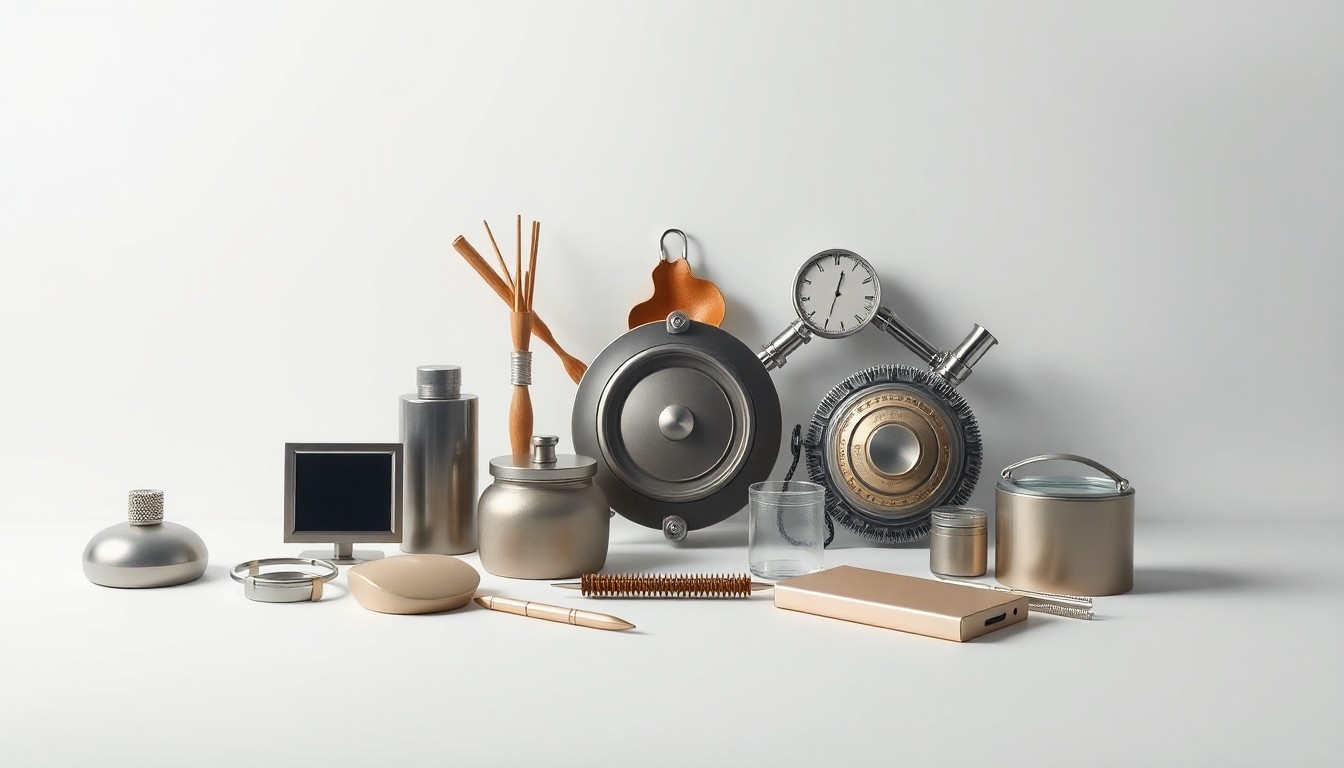 A high-end, photorealistic studio still life featuring a collection of premium, polished objects arranged elegantly on a clean, monochromatic background, conceptually representing the complex tools and systems that nonprofit leaders must navigate.