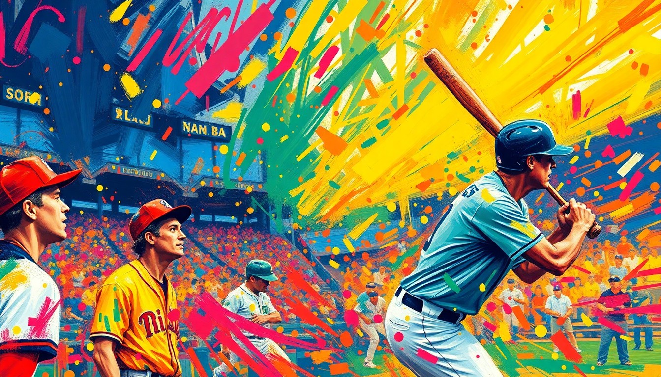 An abstract, expressionist painting in vibrant neon colors depicting the dynamic action and energy of a minor league baseball game, with players' forms and uniforms blending into the frenetic brushstrokes.