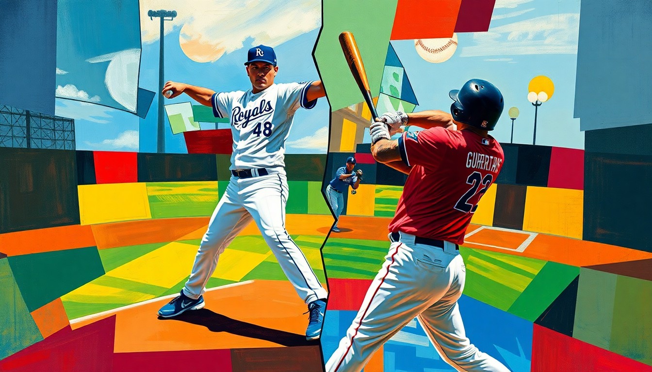 A fractured, geometric painting depicting the motion of a baseball pitcher and batter, with sharp overlapping planes in vibrant team colors representing the physical intensity of the sport.