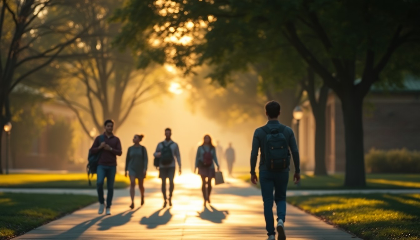 An abstract, impressionistic photograph of students walking across a college campus, with blurred figures and soft, warm lighting creating a sense of energy and community.