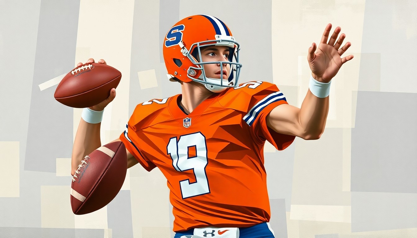 A fractured, geometric painting depicting a quarterback's throwing motion and decision-making process, with sharp, overlapping planes in shades of orange, blue, and neutral tones, conveying the multifaceted nature of Nelson's path to the NFL.