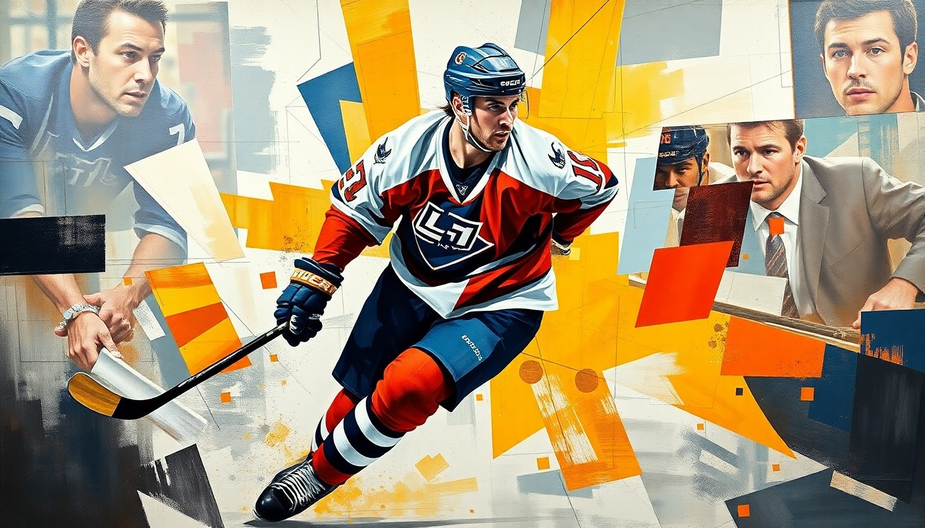 A fragmented, geometric painting depicting a hockey player in mid-action, with their face and jersey obscured, conveying the dynamic energy and movement of the sport.